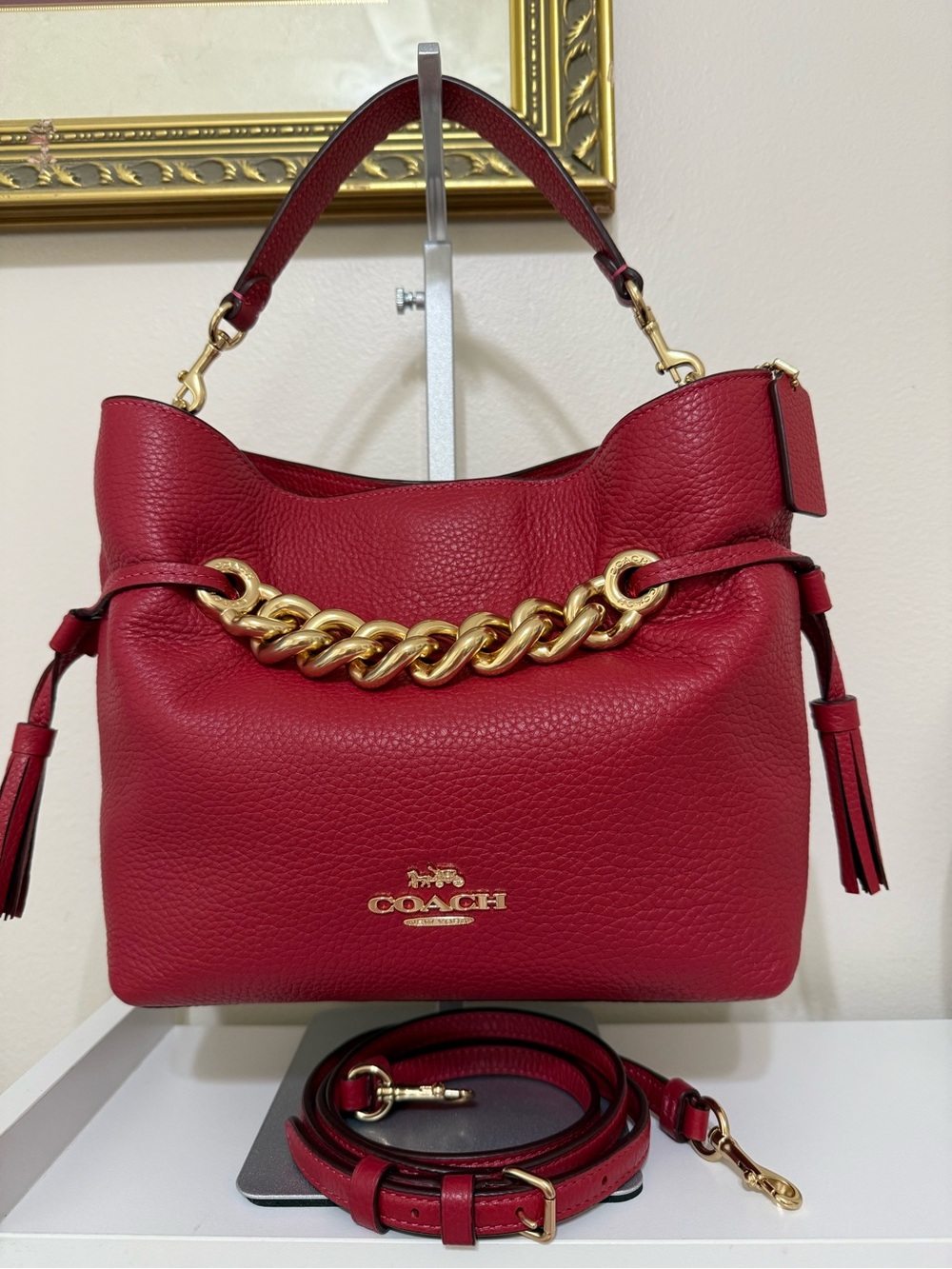 COACH Red Apple Pebbled Leather Hobo with Gold Chain Accent